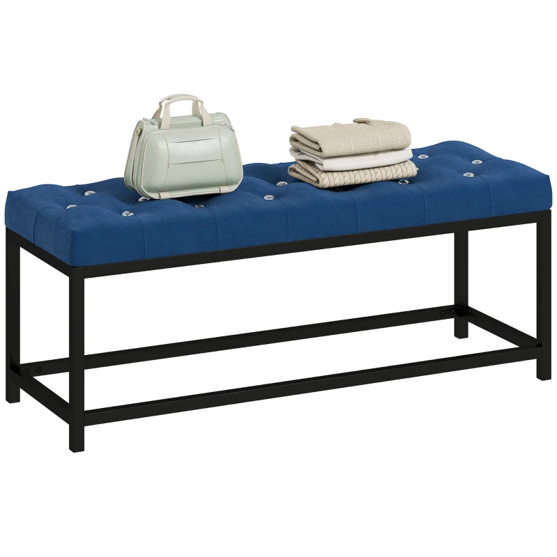 HOMCOM Banco Pie de Cama Tapizado en Terciopelo Diseño Capitoné Base de Metal para Dormitorio Entrada Salón Azul Oscuro