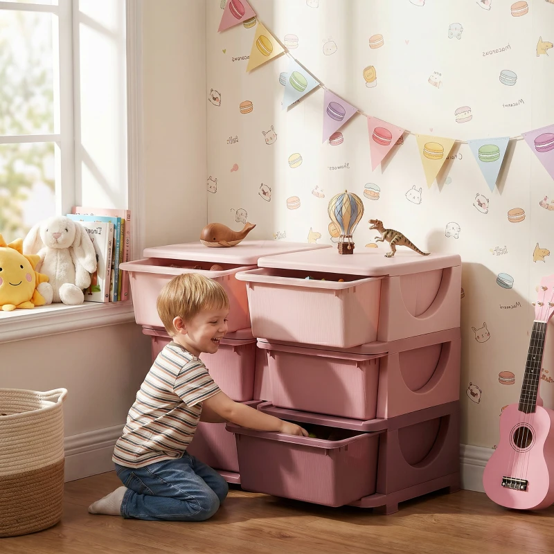 HOMCOM Torre de Almacenamiento Infantil con 6 Cajones Organizador de Juguetes con Bordes Redondeados y Asas 75x37x56,5 cm Rosa