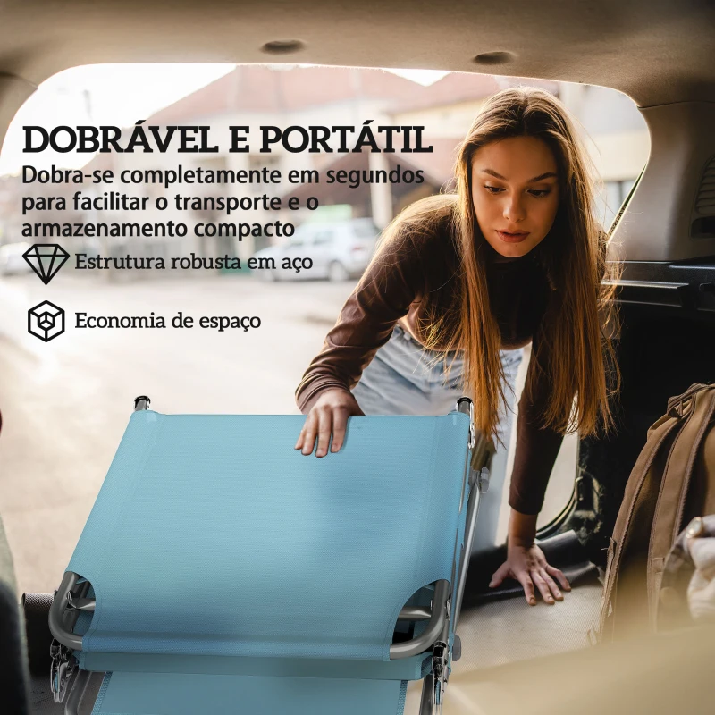 Outsunny Conjunto de 2 Espreguiçadeiras Dobráveis com Dossel 360° Encosto 5 Posições Orifício Facial 188x56x27 cm Azul Claro