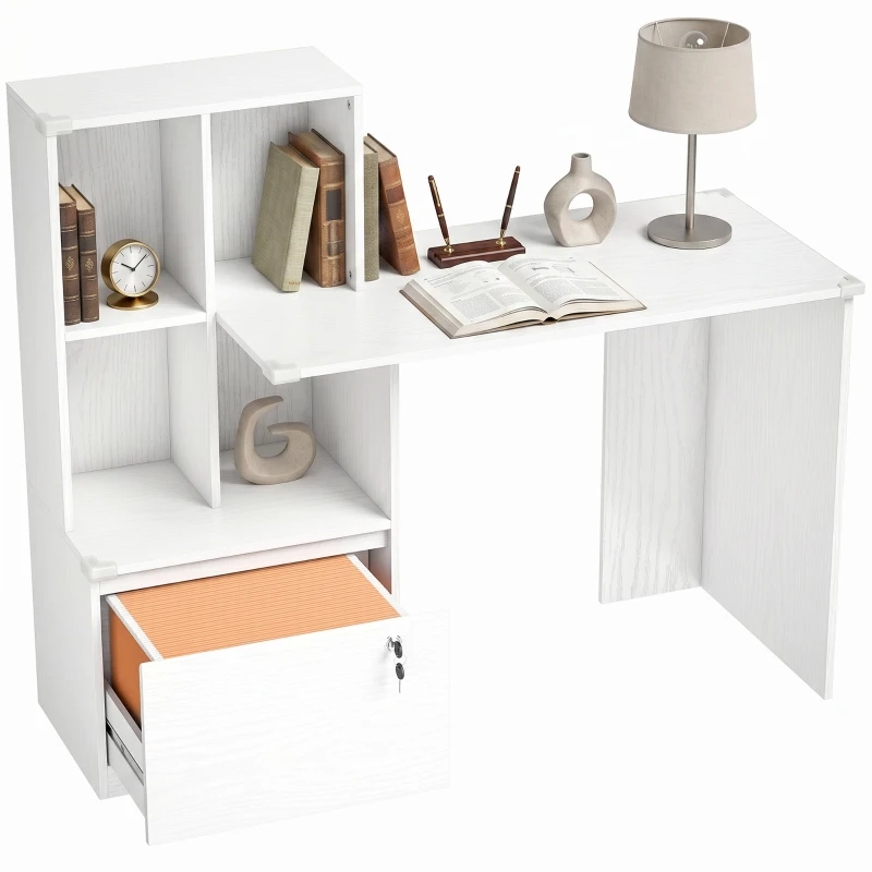 HOMCOM Scrivania per Computer con Libreria, 4 Scomparti e Cassetto con Serratura, 126x50x109 cm, Effetto Legno Bianco