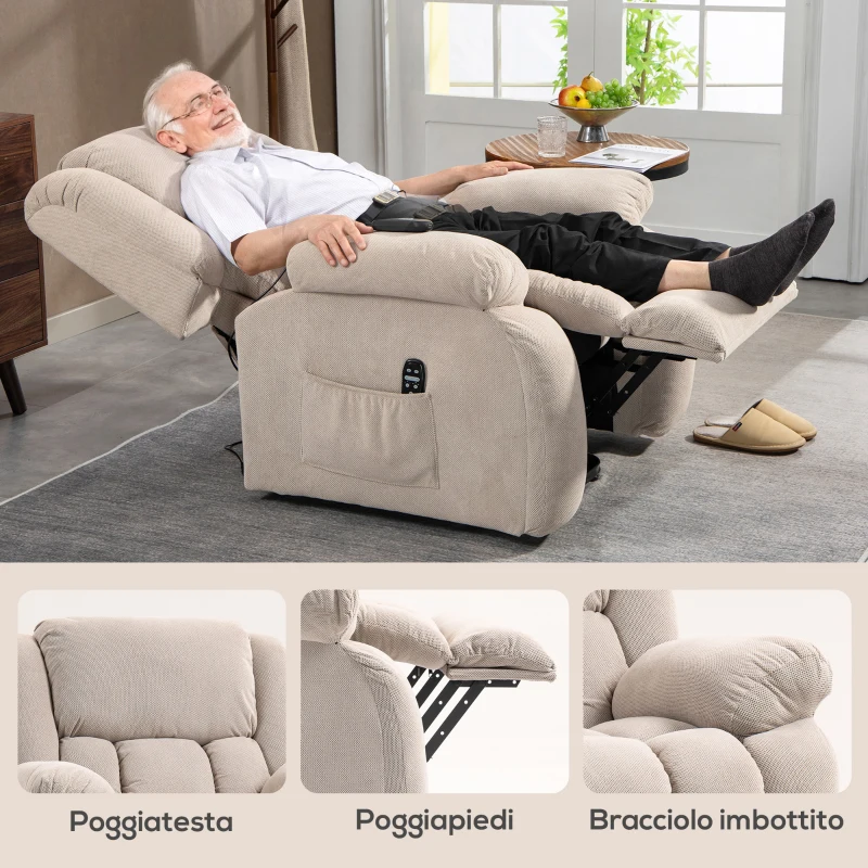 HOMCOM Poltrona Alzapersona Massaggiante e Reclinabile con 2 Tasche e Telecomando, 93x104x105 cm, Beige
