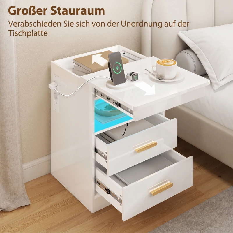 HOMCOM Moderner Nachttisch, Beistelltisch mit Ladestation und RGB-LED-Beleuchtung, Hochglanz Weiß