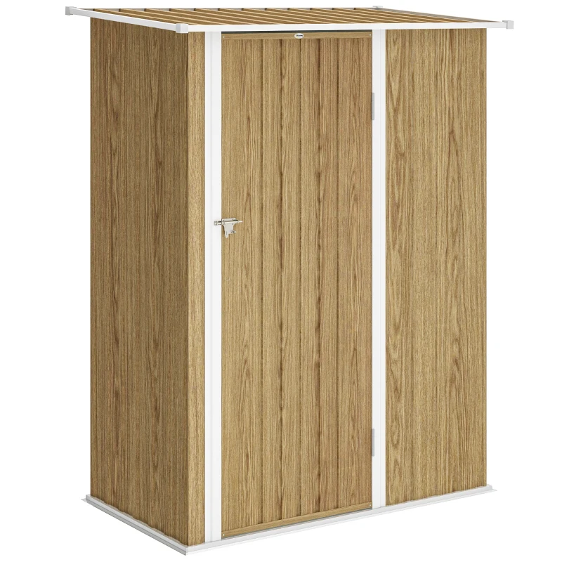 Outsunny Capanno Porta Attrezzi in Metallo con Tetto Inclinato e Porta Bloccabile, 142x86x189 cm, color Legno