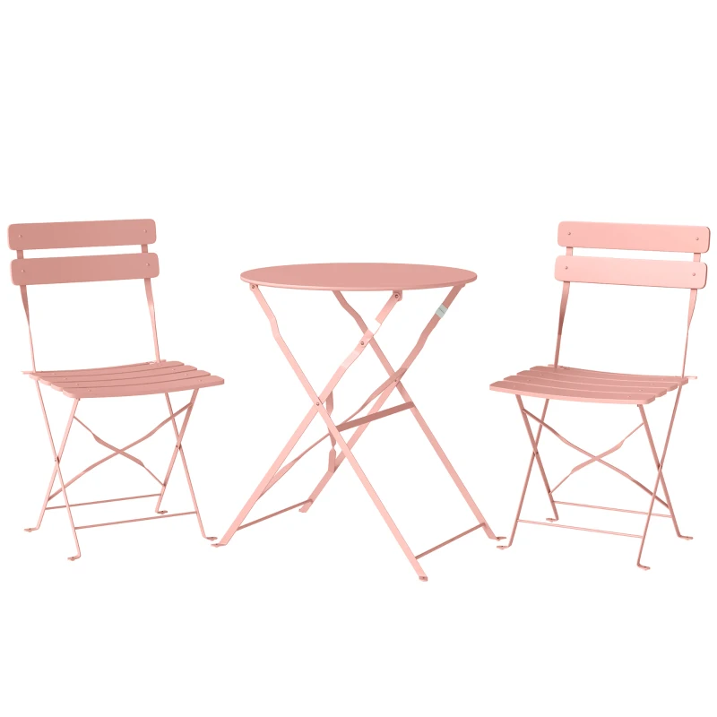 Outsunny Ensemble Bistrot de Jardin 3 Pièces Table et 2 Chaises Pliantes à Lattes Double Protection Antirouille Rose
