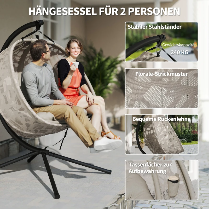 Outsunny Hängesessel, für 2 Personen, klappbarer Sitzkorb, großes Sitzkissen, Sand, 130 x 103 x 172 cm