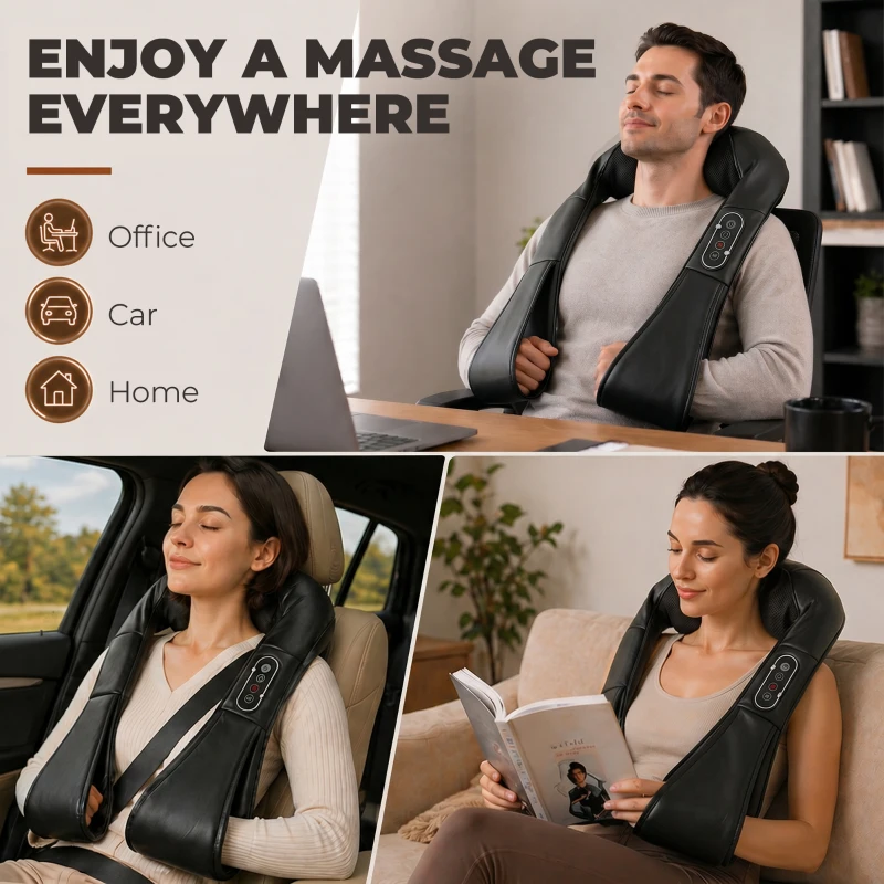 HOMCOM Cordless Neck Massager with Heat, Deep Tissue 4D Shiatsu Neck and Shoulder Massager for Car Home, Gifts for Men Women