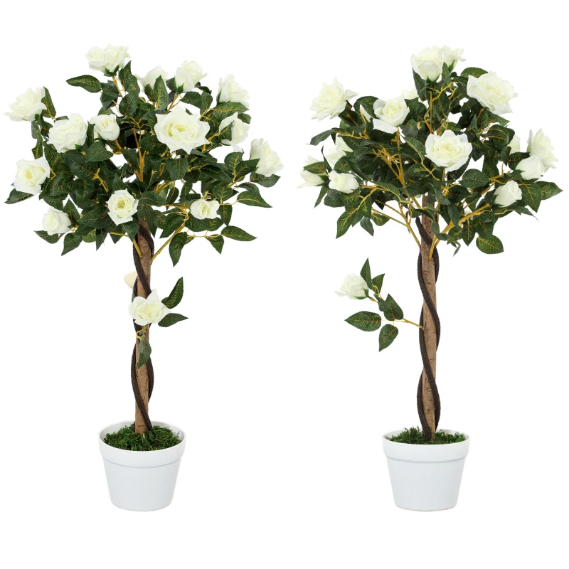 Outsunny Plantă artificială de trandafir cu 21 de flori și ghiveci umplut cu ciment și mușchi, Ø18x90 cm, albă