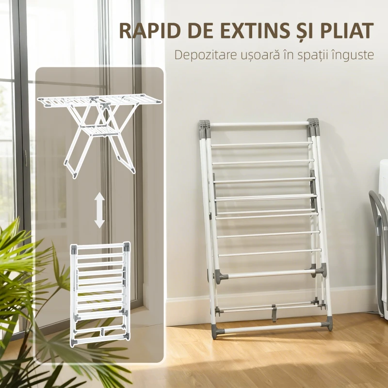 HOMCOM Uscător de Rufe cu 2 Niveluri Reglabil pe 4 Înălțimi, Uscător cu Picioare Antiderapante din Metal și Plastic, 156,5x61,5x97 cm, Alb