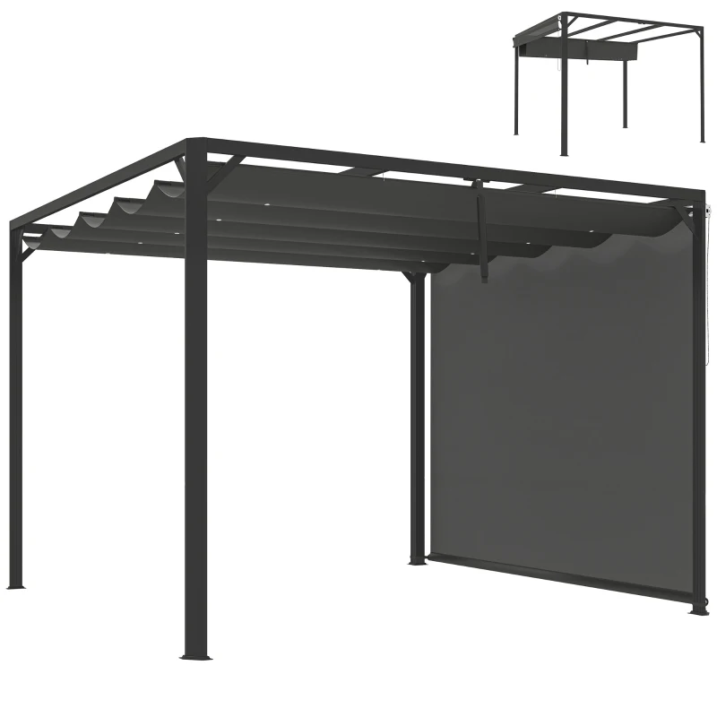 Outsunny Pérgola de Jardim de Alumínio 3x3 m com Teto Retrátil e Lateral Enrolável UPF30+ Pérgola para Exterior Cinzento