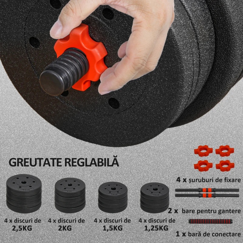 HOMCOM Set 2 Gantere Antiderapante cu 16 Discuri de Greutăți, Greutate Totală 30 kg, și Conector, din Oțel, HDPE și Nisip, Negru