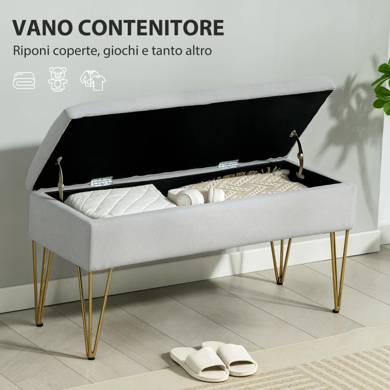 HOMCOM Panca Fondo Letto con Contenitore in Tessuto e Gambe in Acciaio, 100x40x49 cm, Grigio Chiaro