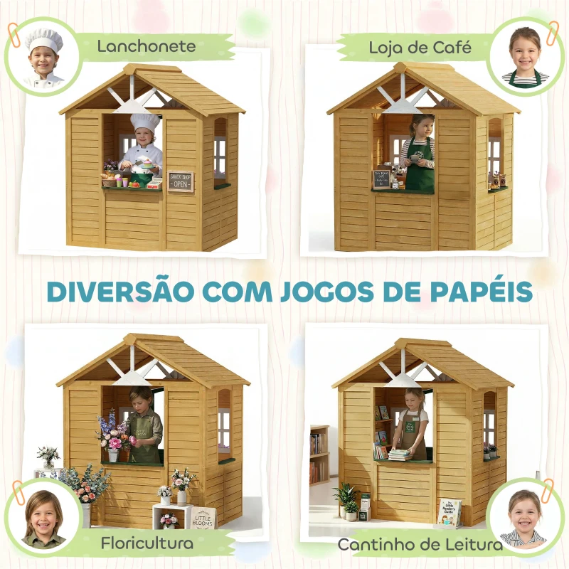 AIYAPLAY Casinha Infantil em Madeira Casinha Infantil com 2 Floreiras 3 Janelas Meia Porta Casa de Jardim para Crianças Castanho