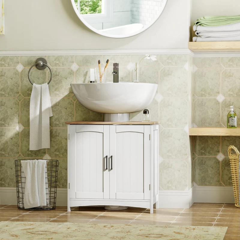 kleankin Meuble salle de bain sous lavabo à double portes avec étagères réglables, blanc et bois naturel