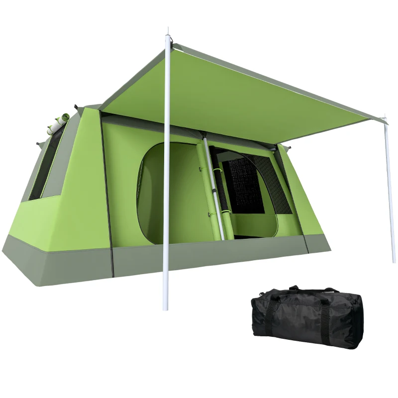 Outsunny Tenda da Campeggio a Tunnel per 4 Persone con 2 Stanze, Tenda Campeggio Familiare Impermeabile 3000mm con Porta, Finestre Laterali e Tasche, 405x305x225cm, Verde