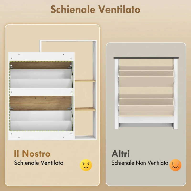 HOMCOM Mobile Portascarpe con 2 cassetti ribaltabili e ripiani, Bianco e Legno Naturale.