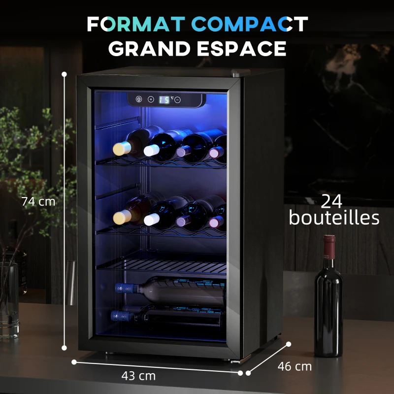 HOMCOM Cave à vin 24 bouteilles 68L, réfrigérateur à vin et boissons avec température réglable 4-16 °C, porte réversible, noir