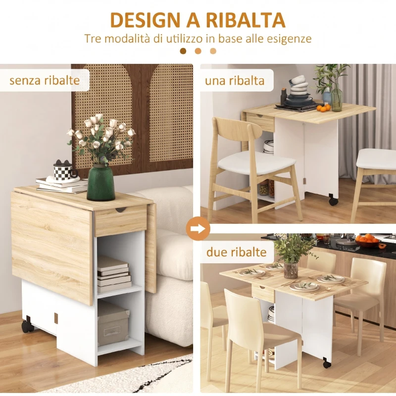 HOMCOM Tavolo da Pranzo Pieghevole con Cassetto e Ripiani, Tavolo Salvaspazio con Alette Ribaltabili per Cucina, Sala da Pranzo, Soggiorno, Rovere