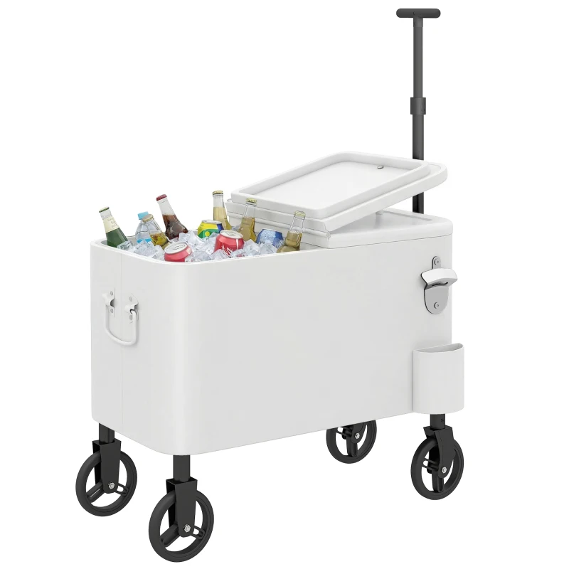 Outsunny Carro Frigorífico de 56L com Rodas Pega Ajustável Abre-garrafas Recolhe-tampas Dreno 75x35x120 cm Branco