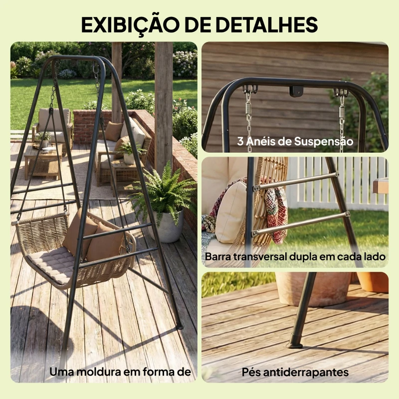 Outsunny Suporte para Cadeira Suspensa Rede 183 cm Suporte para Balanço Estrutura de Aço Almofadas Antiderrapantes Preto