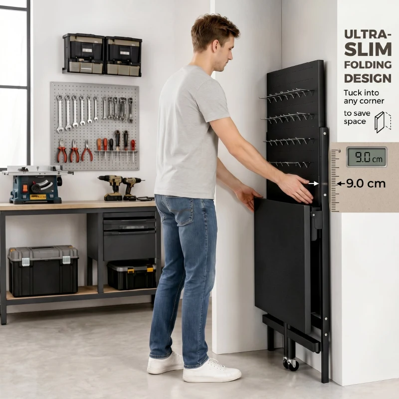 HOMCOM Werkbank mit Lochwand, Klappbare Mobile Werkbank mit Rollen, Dicke Arbeitsplatte, Stahlrahmen, Haken, Schwarz