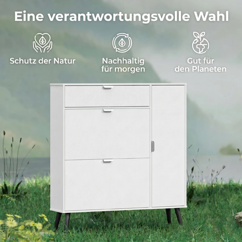 HOMCOM Schmaler Schuhschrank mit 2 Klappfächern, Schuhschrank mit Lychee-Leder-Türen und verstellbaren Regalböden, Weiß