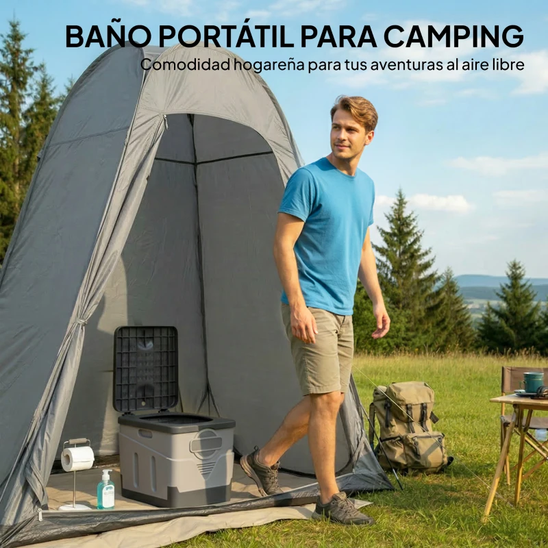 Outsunny Inodoro Portátil WC Portátil de PP con 12 Paquetes de Agente Solidificante y 12 Bolsas Carga 100kg Exterior Gris Oscuro