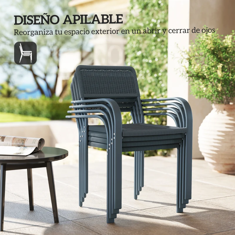 Outsunny Juego de 4 Sillas de Jardín Exterior Apilables con Reposabrazos Respaldo y Marco de Acero 55x60x83 cm Gris Oscuro