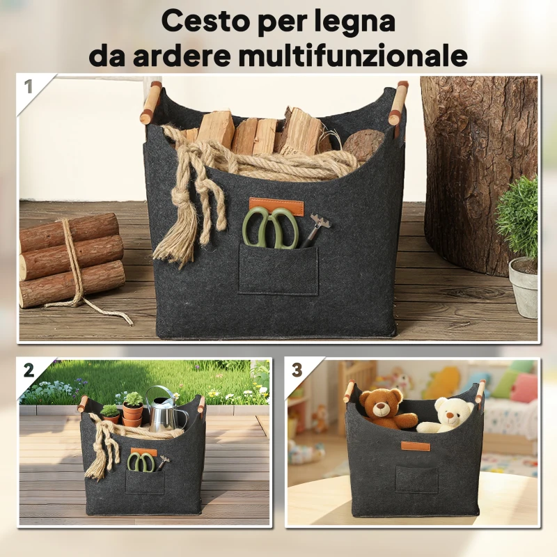 Outsunny Borsa in Feltro Portalegna da Interno con Manici in Legno, Capacità 15 kg, 45x32x40 cm, Grigio