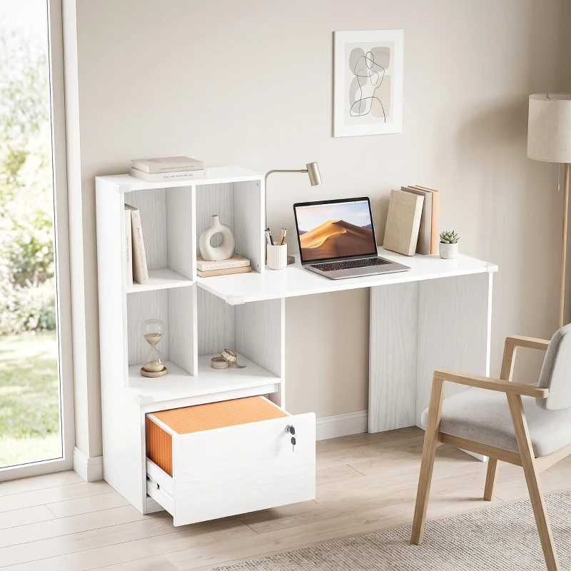 HOMCOM Scrivania per Computer con Libreria, 4 Scomparti e Cassetto con Serratura, 126x50x109 cm, Effetto Legno Bianco