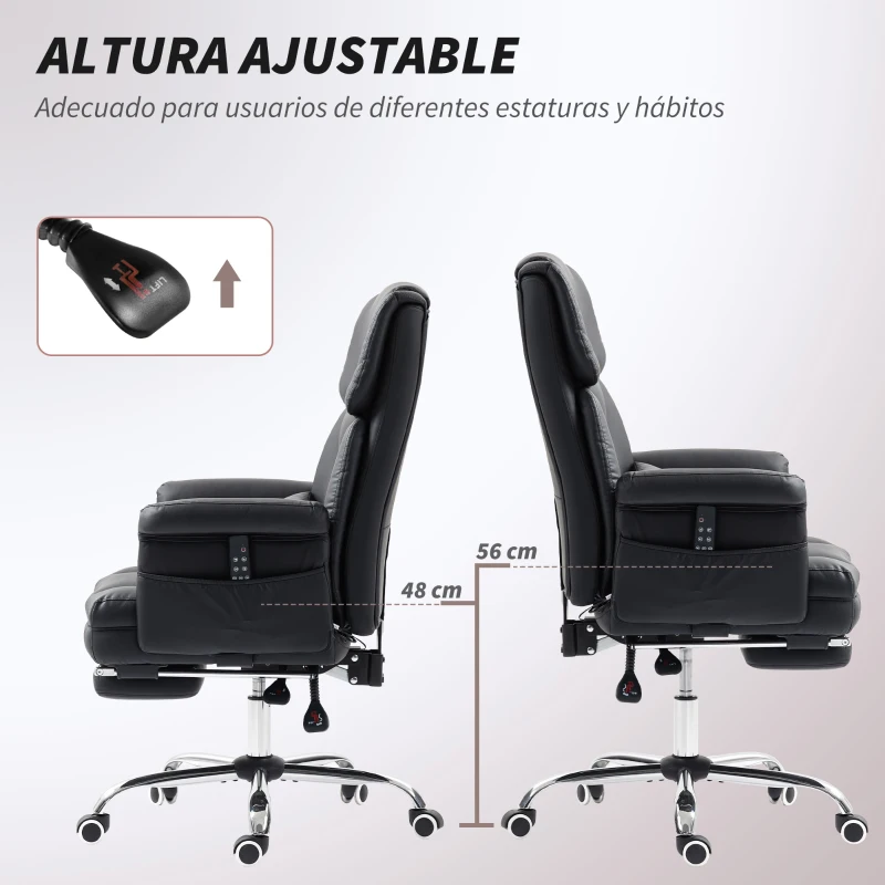 HOMCOM Silla de Oficina con 6 Puntos de Masaje Reposapiés Retráctil Altura Ajustable Control Remoto y Soporte Lumbar Negro