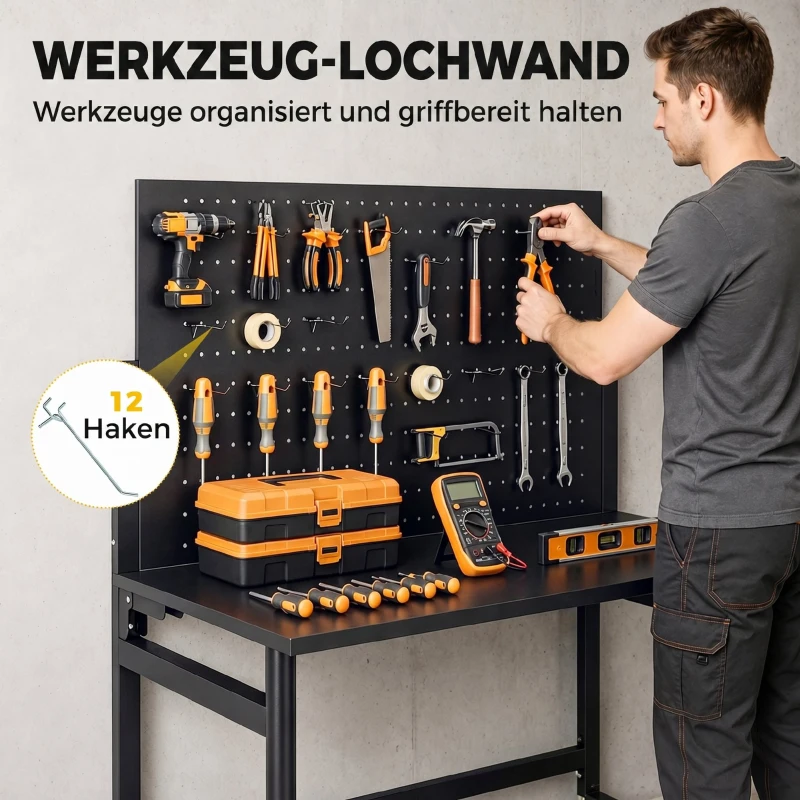 HOMCOM Werkbank mit Lochwand, Klappbare Mobile Werkbank mit Rollen, Dicke Arbeitsplatte, Stahlrahmen, Haken, Schwarz