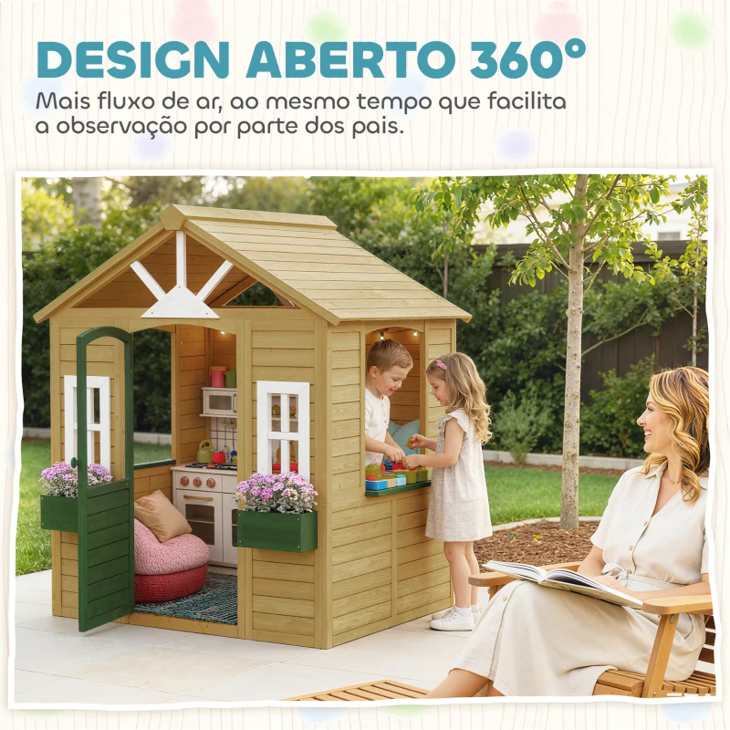 AIYAPLAY Casinha Infantil em Madeira Casinha Infantil com 2 Floreiras 3 Janelas Meia Porta Casa de Jardim para Crianças Castanho