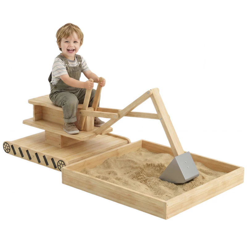 AIYAPLAY Arenero para Niños de Madera con Excavadora Arenero Infantil con Asiento Giratorio 360° y Forro 184x90x56 cm Natural
