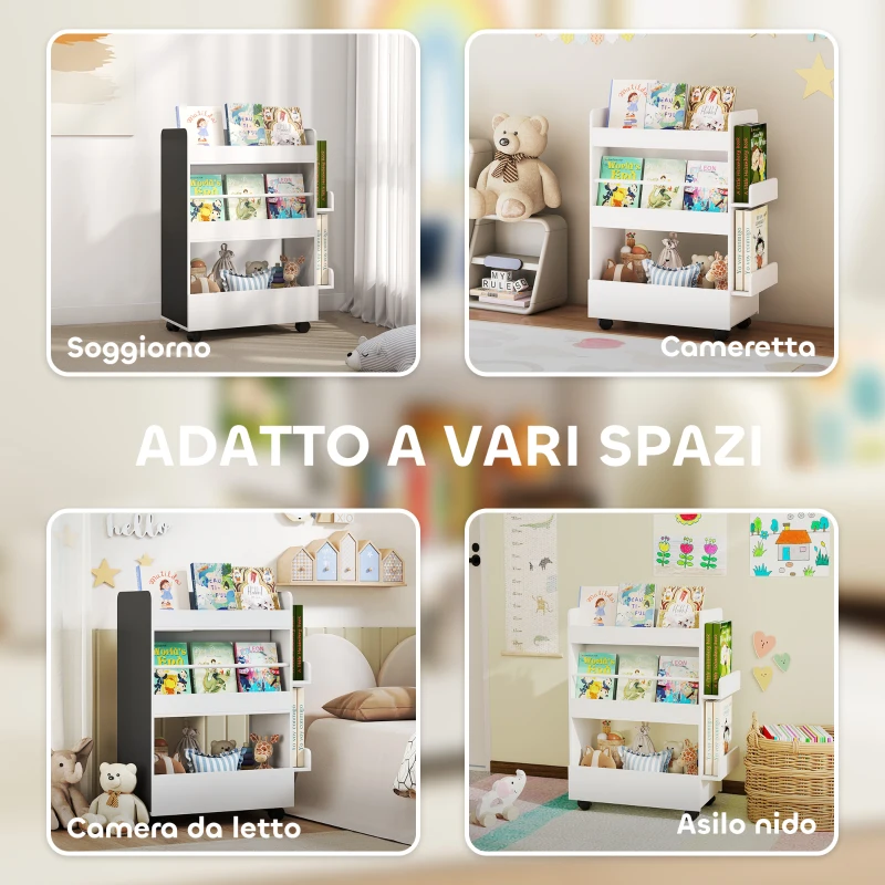 AIYAPLAY Libreria per Bambini 3-8 Anni a Due Lati, Scaffale Portagiochi con Ruote e Lavagna Nera, Bianco