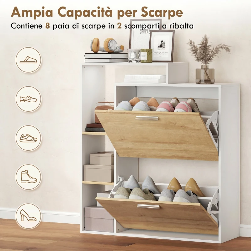HOMCOM Mobile Portascarpe con 2 cassetti ribaltabili e ripiani, Bianco e Legno Naturale.