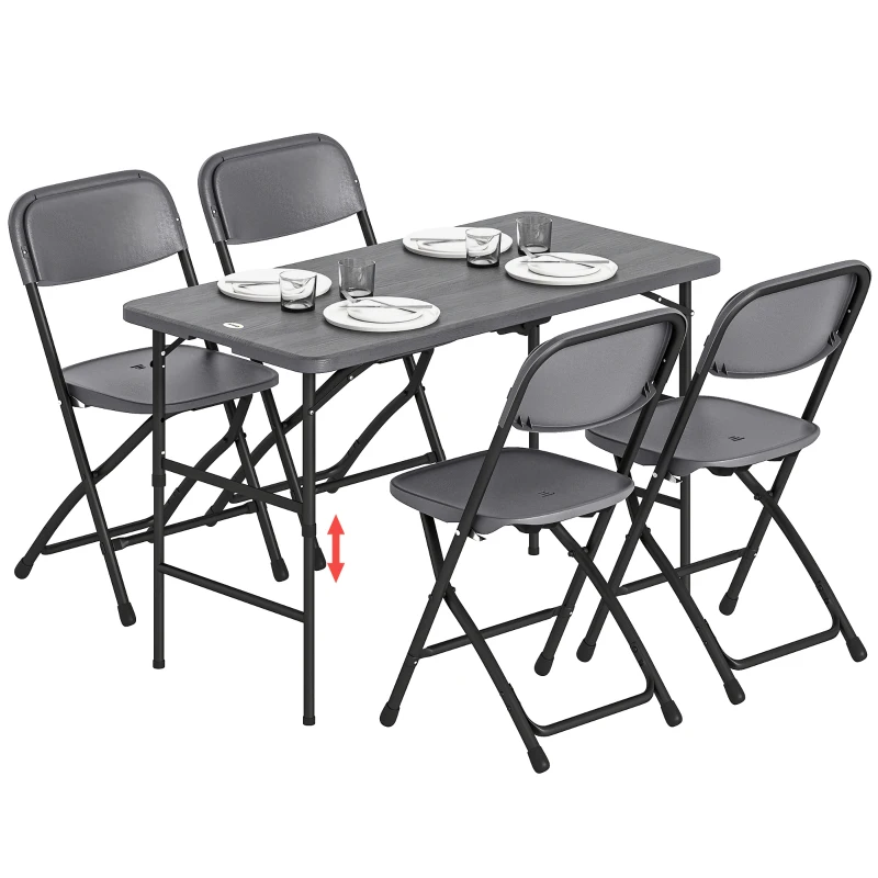 Outsunny Set Tavolo Regolabile e 4 Sedie da Giardino Pieghevoli in HDPE Effetto Legno, Grigio Scuro