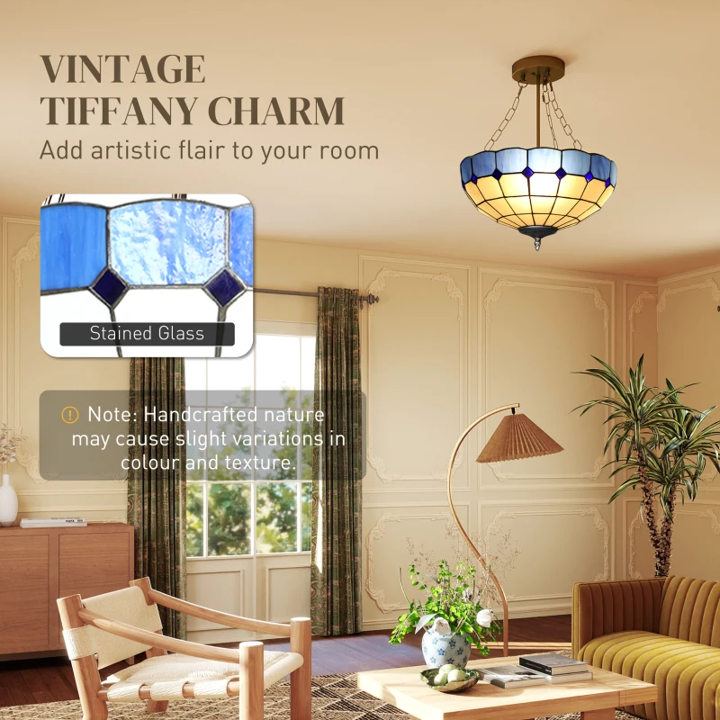HOMCOM Tiffany Style Ceiling Light, Vintage Chandelier with 3 E27 Sockets, Semi Flush Mount for Living Room, Bulbs Not Included