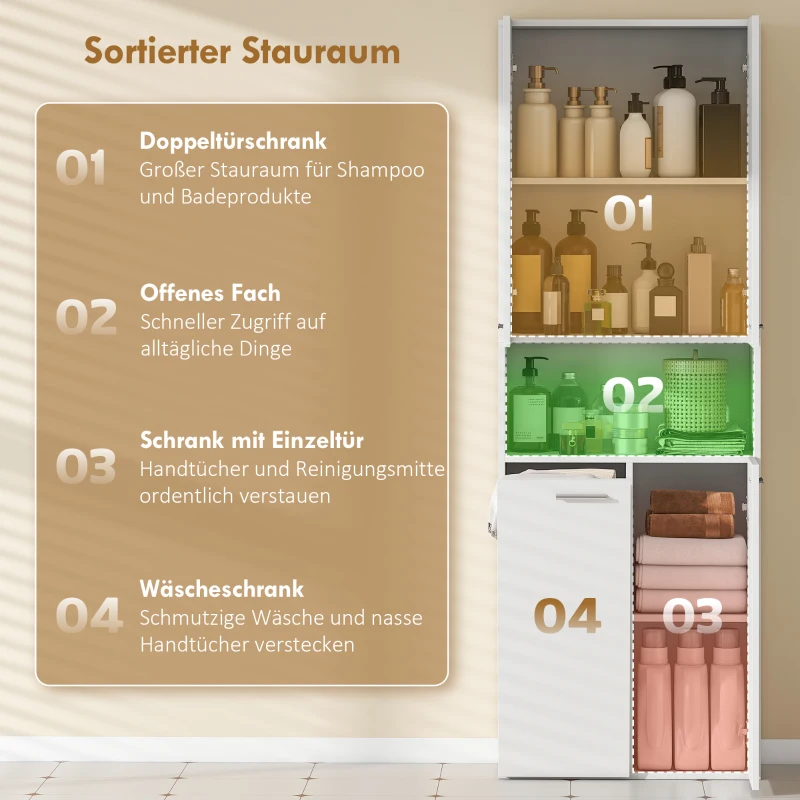 HOMCOM 174 cm hoher Badezimmerschrank mit ausklappbarem Wäschekorb und Soft-Close-Türen, Weiß