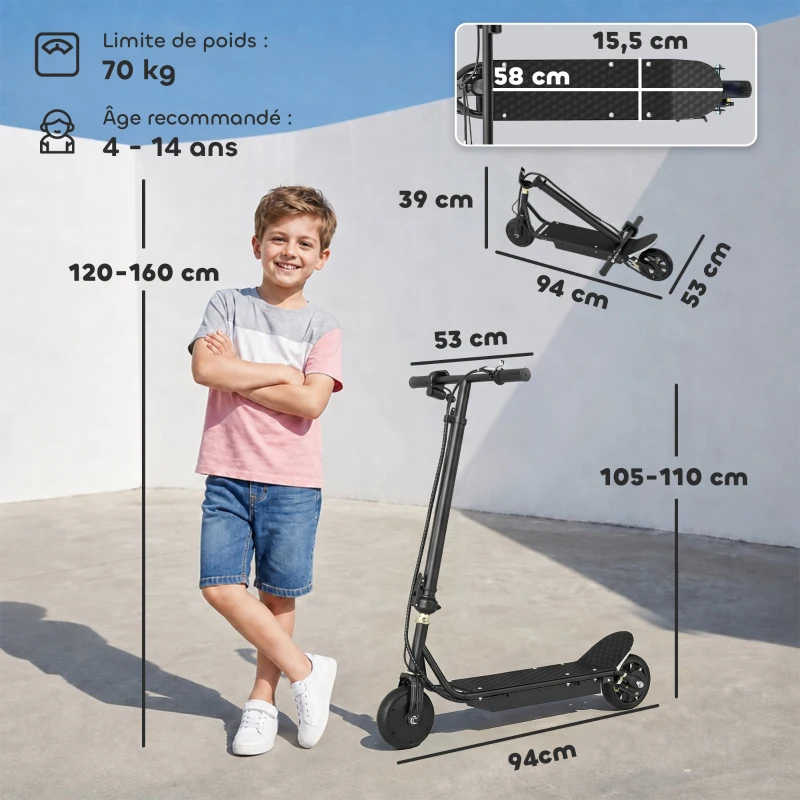 HOMCOM Tottinette électrique pliable 150W pour enfant de 7 à 14 ans hauteur guidon 14 Km/h max. noir