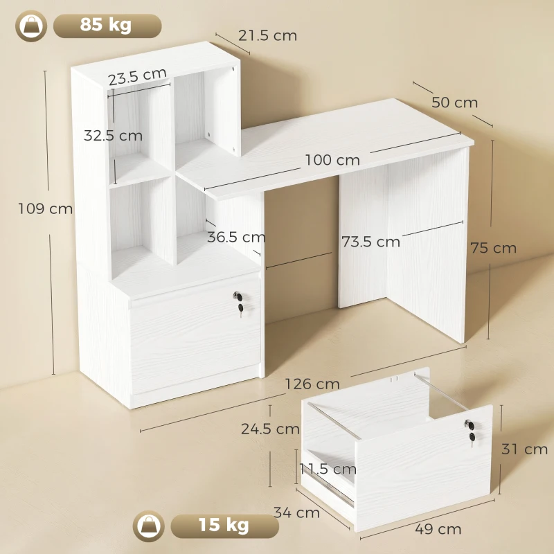 HOMCOM Scrivania per Computer con Libreria, 4 Scomparti e Cassetto con Serratura, 126x50x109 cm, Effetto Legno Bianco