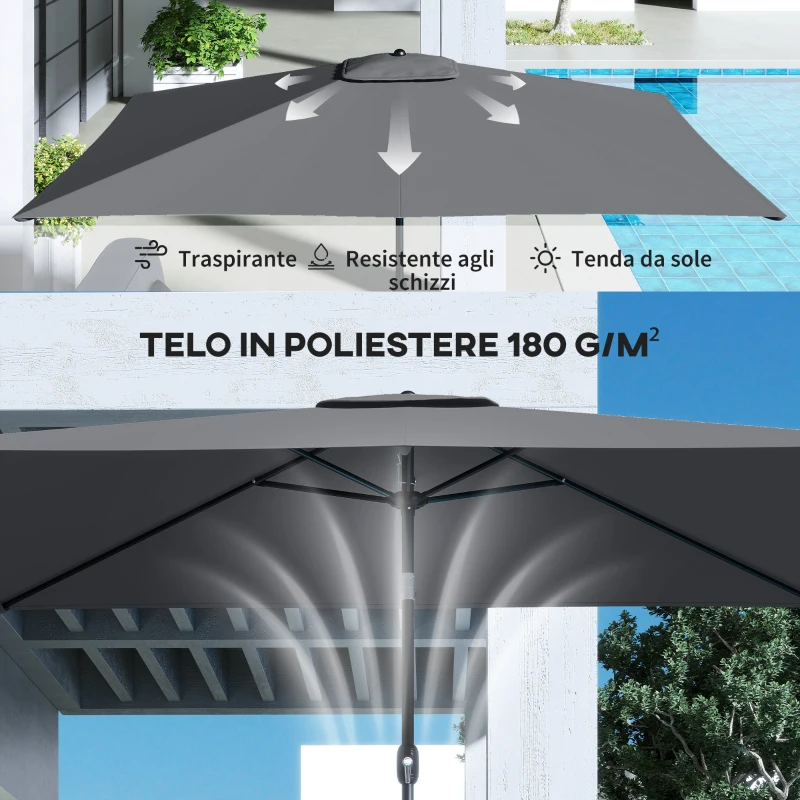 Outsunny Ombrellone Rettangolare da Giardino 3x2 m con Manovella, in Metallo e Poliestere, Grigio Scuro