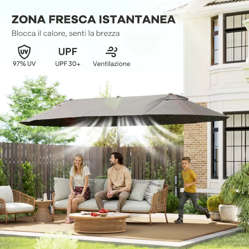 Outsunny Ombrellone da Giardino Doppio da Giardino 4.6x2.7 m a 12 Stecche con Prese d'Aria e Manovella, Ombrellone per Esterno in Acciaio e Poliestere, Anti UV, per Balcone e Terrazza, Grigio