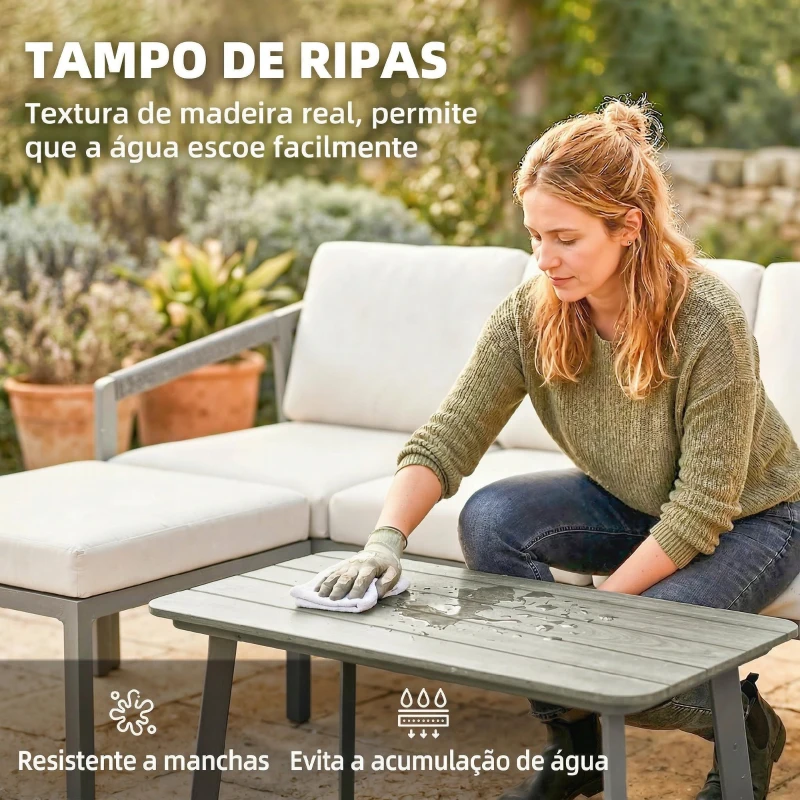 Outsunny Conjunto de Jardim de 3 Peças Sofá Exterior em L com Sofá de 3 Lugares Apoio para os Pés Mesa de Ripas e Almofadas de 10 cm Castanho e Bege