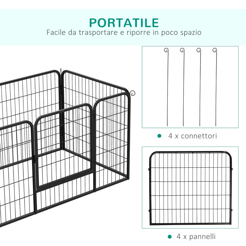PawHut Recinto per Cani di Piccoli Taglia da Interno ed Esterno, Recinzione per Animali Domestici con Rete 6 pz in Acciaio e Metallo, 125x80x70 cm, Nero
