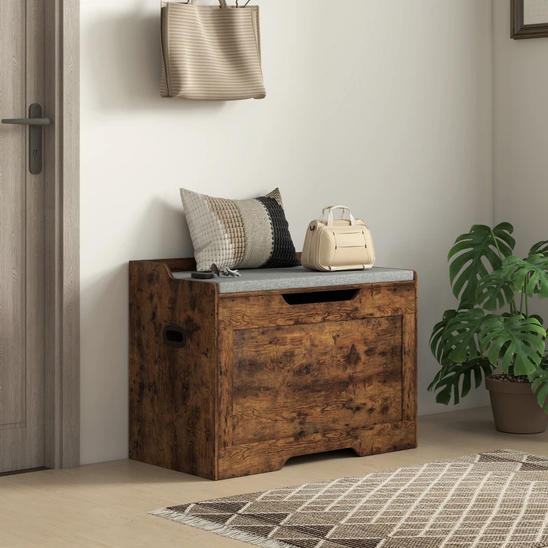 HOMCOM Panca Contenitore da 103L Multifunzione color Legno con Cuscino in Tessuto Grigio, 75x40x56 cm