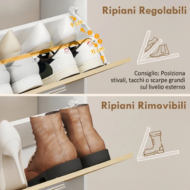 HOMCOM Mobile Portascarpe con 2 cassetti ribaltabili e ripiani, Bianco e Legno Naturale.