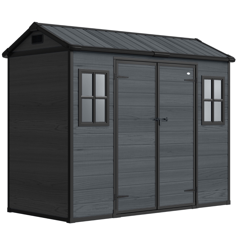 Outsunny Abrigo de Jardim Exterior 2,77 m² 244x131x201 cm com Base, Portas com Fecho, Janelas e Ventilação, Cinzento Escuro