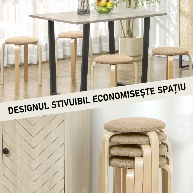 HOMCOM Polsterhocker im 4er-Set, stapelbar, lackierte Oberfläche, Holzbeine, Khaki