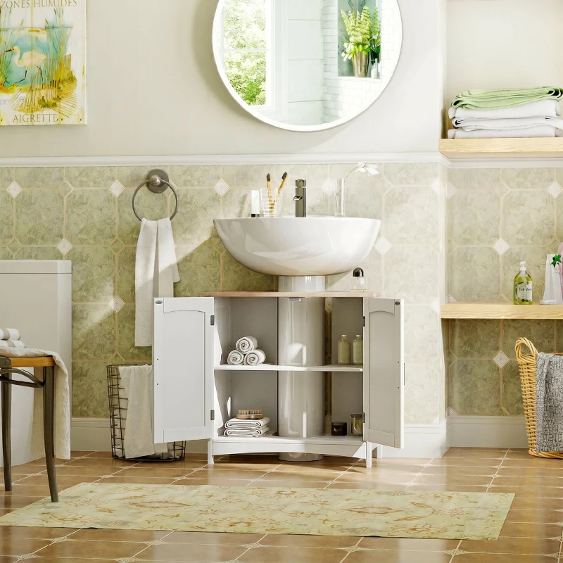 kleankin Meuble salle de bain sous lavabo à double portes avec étagères réglables, blanc et bois naturel