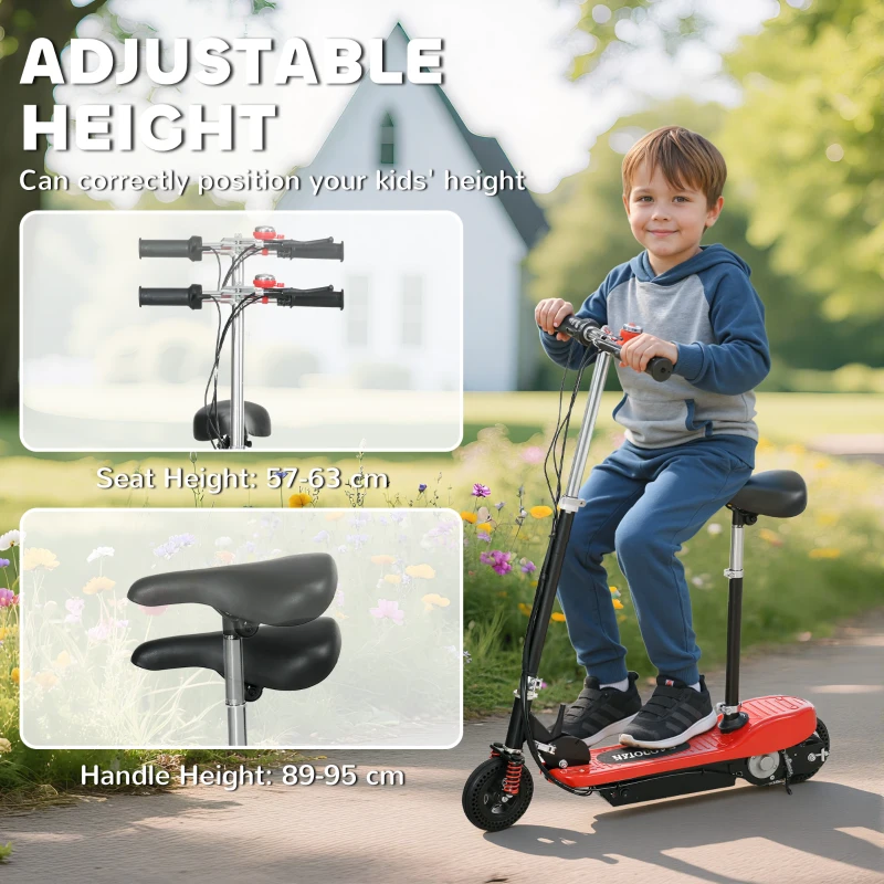 HOMCOM Steel Ride on Powered Scooter, Folding E-Scooter with Warning Bell, 15km/h Maximum Speed, for 6-14 Years Old, Red